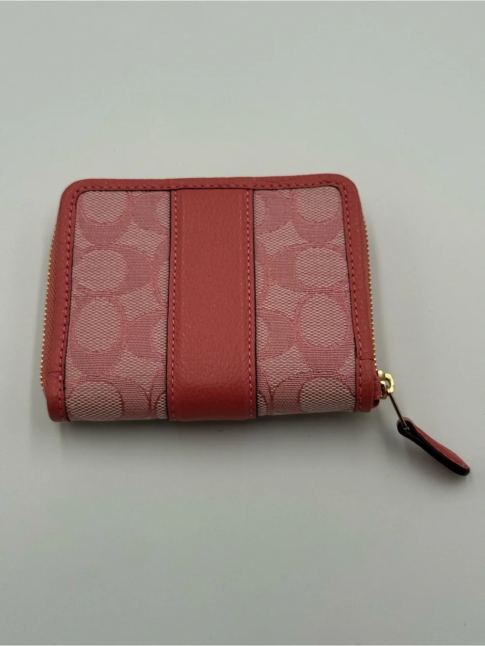 Coach Pink Signature Compact Zip Wallet with Gold Accent